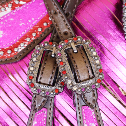 MOUSM Western Headstall and Breast Collar Set Decorated with Red-Pink Cowhide Inlay, Silver Patches Surrounded by Metal Beads, Matching Rhinestone Conchos, and Pink Metallic Leather Fringe