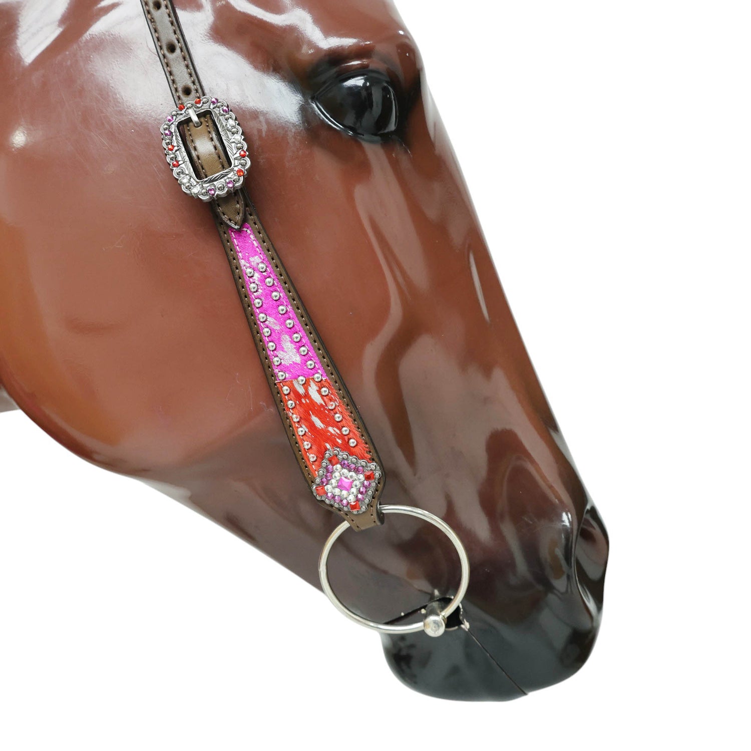 MOUSM Western Headstall and Breast Collar Set Decorated with Red-Pink Cowhide Inlay, Silver Patches Surrounded by Metal Beads, Matching Rhinestone Conchos, and Pink Metallic Leather Fringe