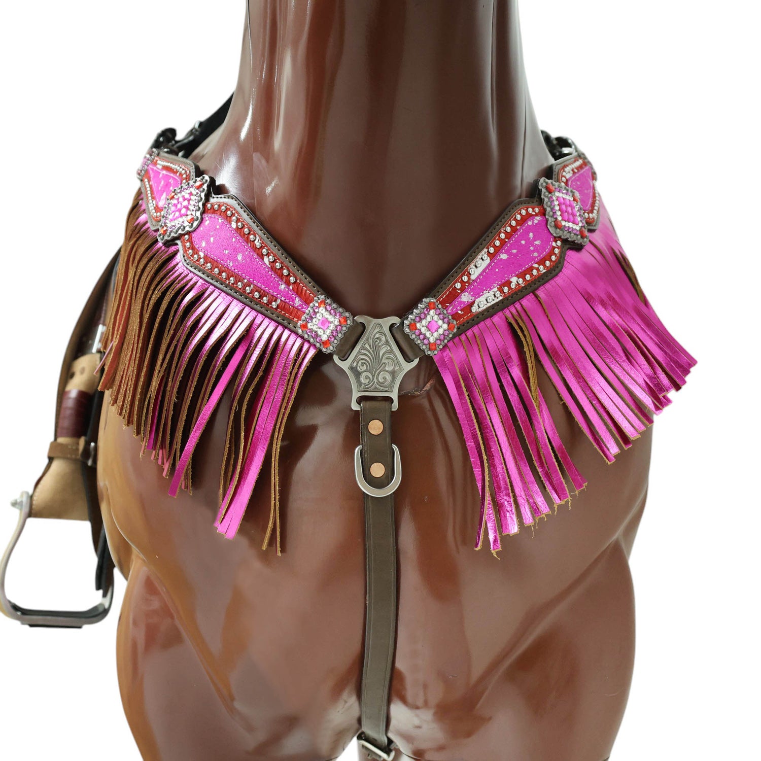 MOUSM Western Headstall and Breast Collar Set Decorated with Red-Pink Cowhide Inlay, Silver Patches Surrounded by Metal Beads, Matching Rhinestone Conchos, and Pink Metallic Leather Fringe
