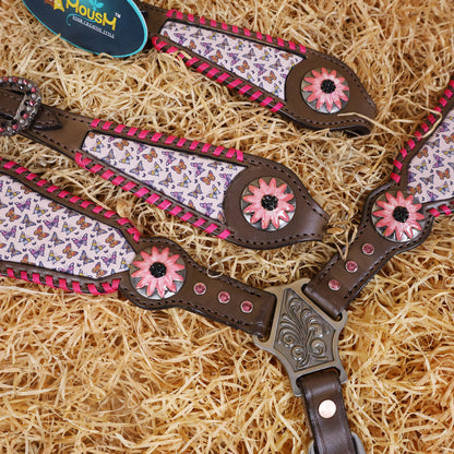 MOUSM Argentina Cow Leather Western Headstall &amp; Breast Collar Tack Set Decorated with Beautiful Printed Butterflies Inlay with Pink Stitching &amp; Flower Conchos