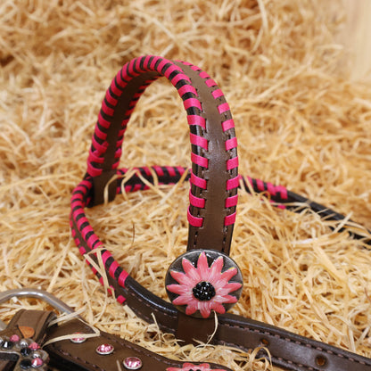 MOUSM Argentina Cow Leather Western Headstall &amp; Breast Collar Tack Set Decorated with Beautiful Printed Butterflies Inlay with Pink Stitching &amp; Flower Conchos