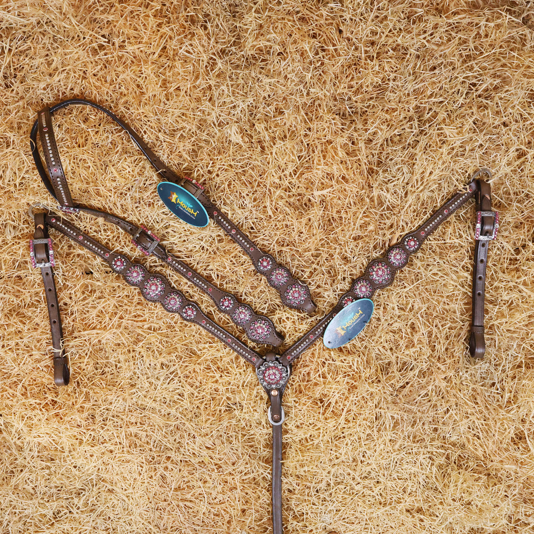 MOUSM Argentina Cow Leather Western Leather Headstall and Breast Collar Tack Set with Sleek Symmetric Design, Silver Metal Beads, Unique Flower Conchos, and Buckle with Pink and White Clear Stone