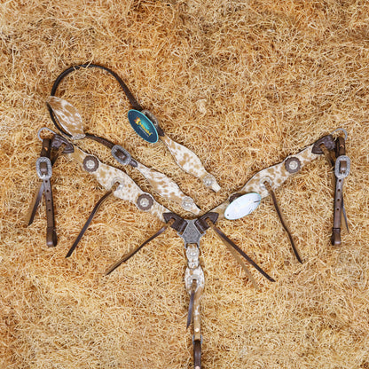 MOUSM Argentina Cow Leather Western Leather Headstall and Breast Collar Tack Set Decorated with Genuine White-Brown Cowhide, Metal Flower Conchos, and Brown Leather Strings