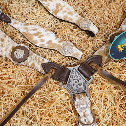 MOUSM Argentina Cow Leather Western Leather Headstall and Breast Collar Tack Set Decorated with Genuine White-Brown Cowhide, Metal Flower Conchos, and Brown Leather Strings