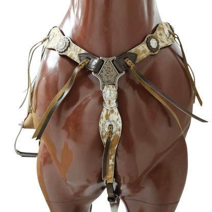 MOUSM Argentina Cow Leather Western Leather Headstall and Breast Collar Tack Set Decorated with Genuine White-Brown Cowhide, Metal Flower Conchos, and Brown Leather Strings