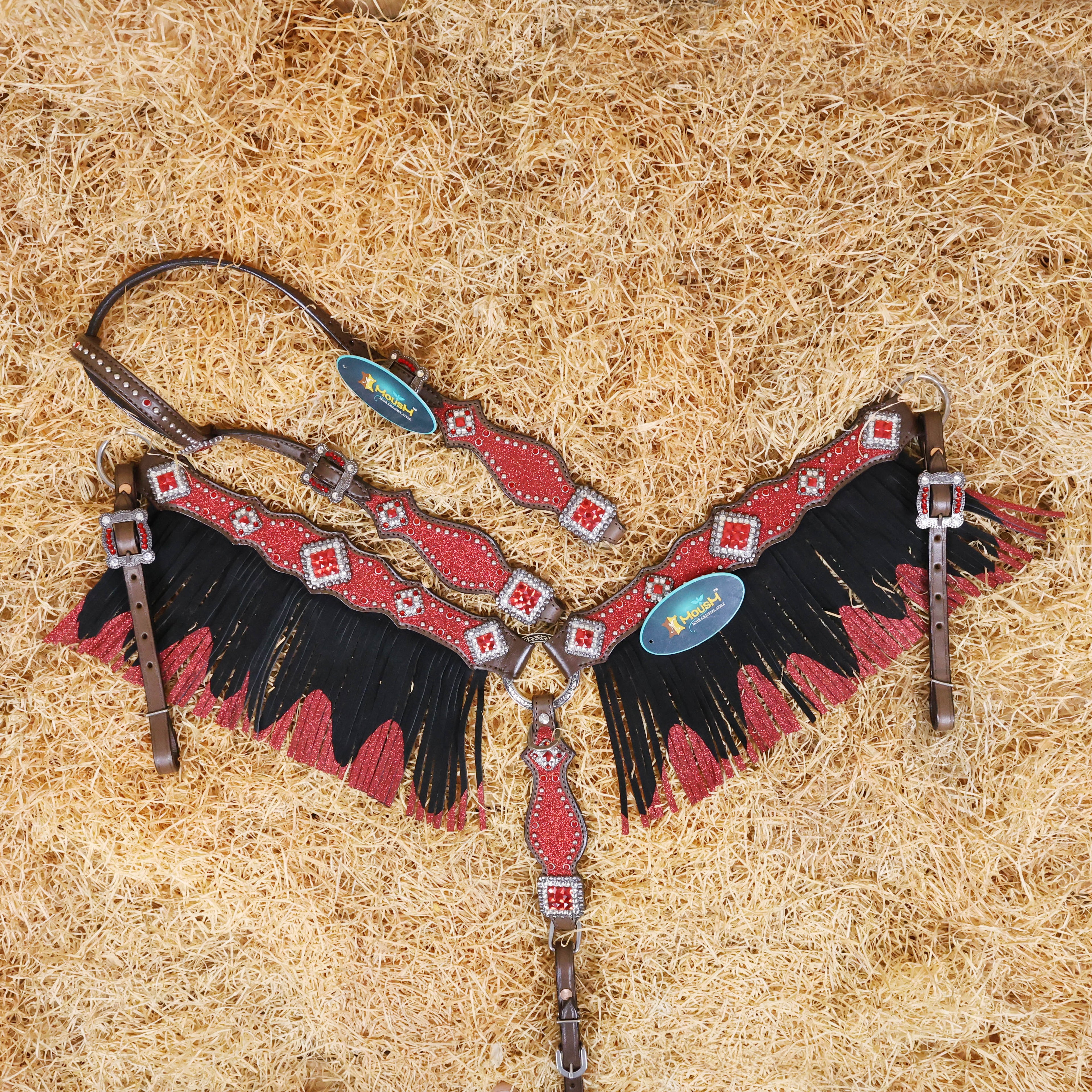 MOUSM Western Headstall and Breast Collar Tack Set Decorated with Red Glitter Inlay Surrounded by Silver Beads, Matching Red-White Glitter Stone Conchos and Buckles, and Red-Black Glittered Leather Fringe