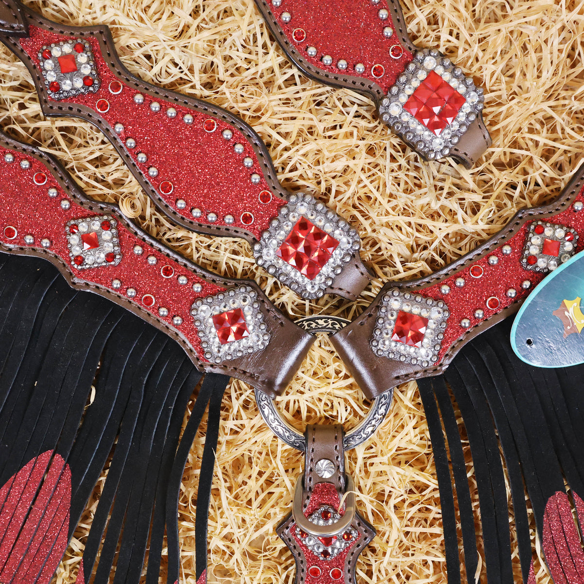 MOUSM Western Headstall and Breast Collar Tack Set Decorated with Red Glitter Inlay Surrounded by Silver Beads, Matching Red-White Glitter Stone Conchos and Buckles, and Red-Black Glittered Leather Fringe.