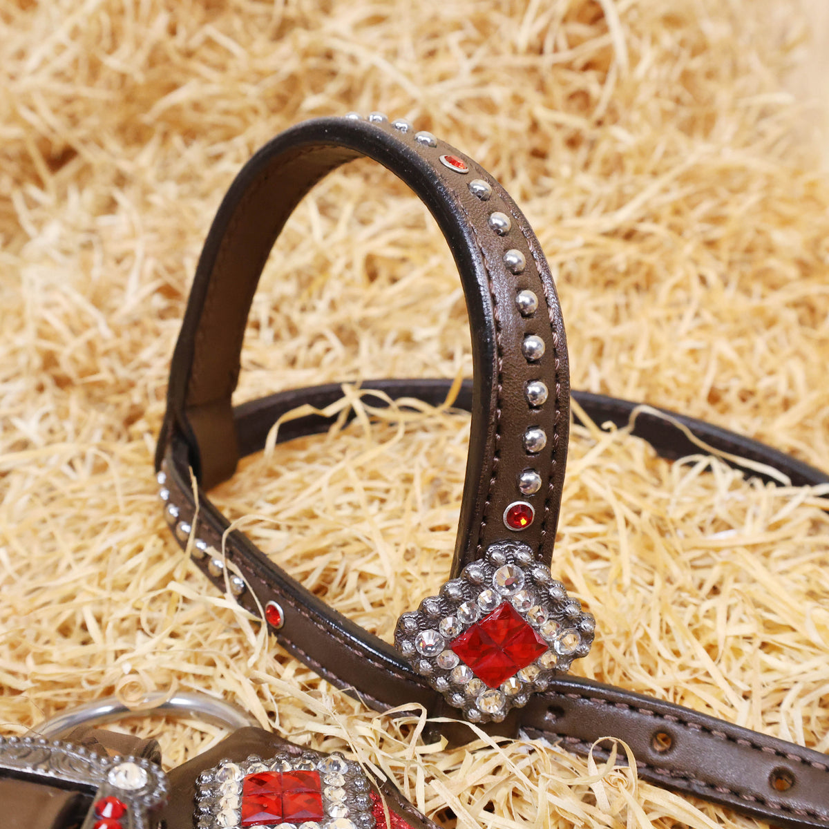 MOUSM Western Headstall and Breast Collar Tack Set Decorated with Red Glitter Inlay Surrounded by Silver Beads, Matching Red-White Glitter Stone Conchos and Buckles, and Red-Black Glittered Leather Fringe.