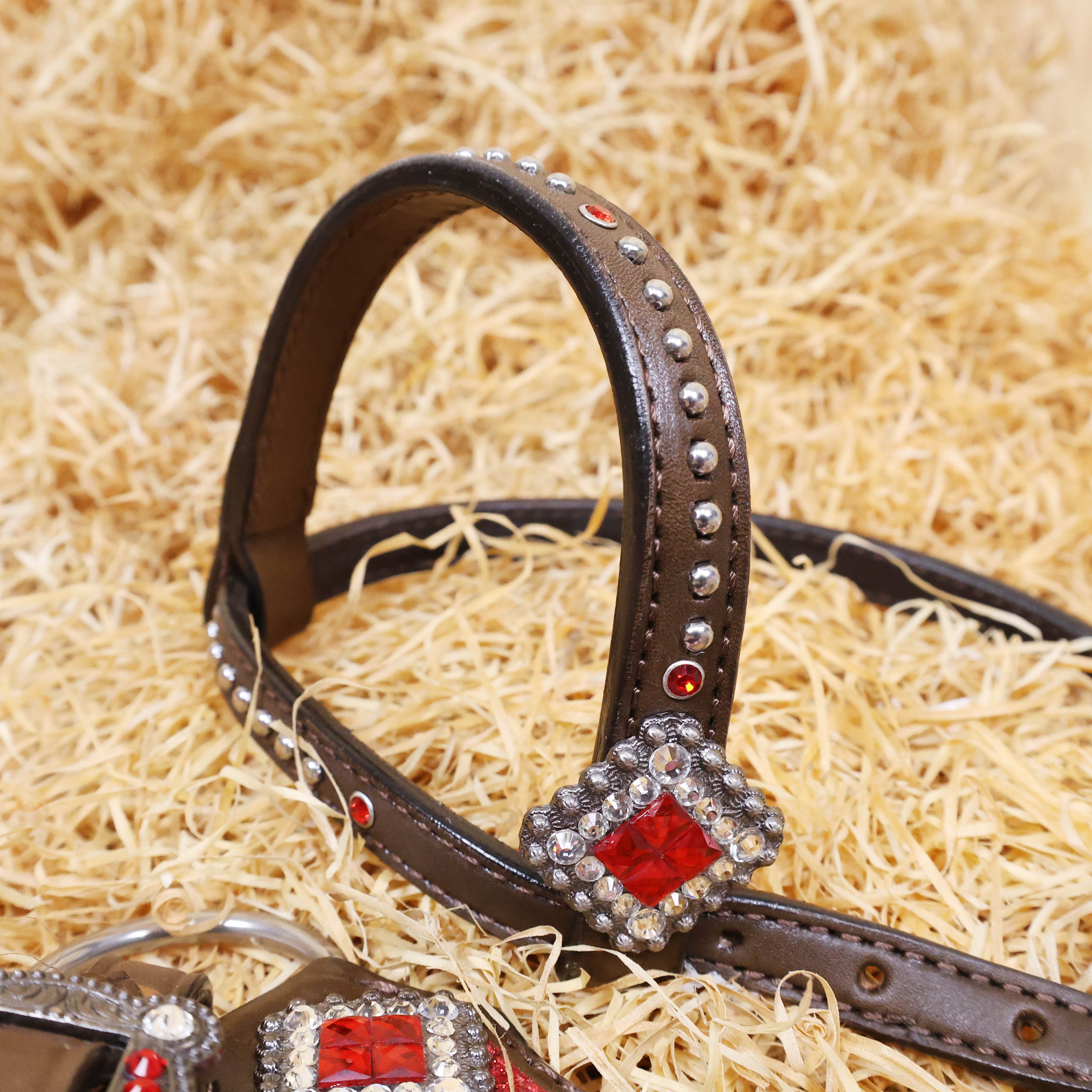 MOUSM Western Headstall and Breast Collar Tack Set Decorated with Red Glitter Inlay Surrounded by Silver Beads, Matching Red-White Glitter Stone Conchos and Buckles, and Red-Black Glittered Leather Fringe