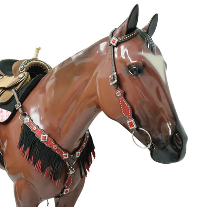 MOUSM Western Headstall and Breast Collar Tack Set Decorated with Red Glitter Inlay Surrounded by Silver Beads, Matching Red-White Glitter Stone Conchos and Buckles, and Red-Black Glittered Leather Fringe