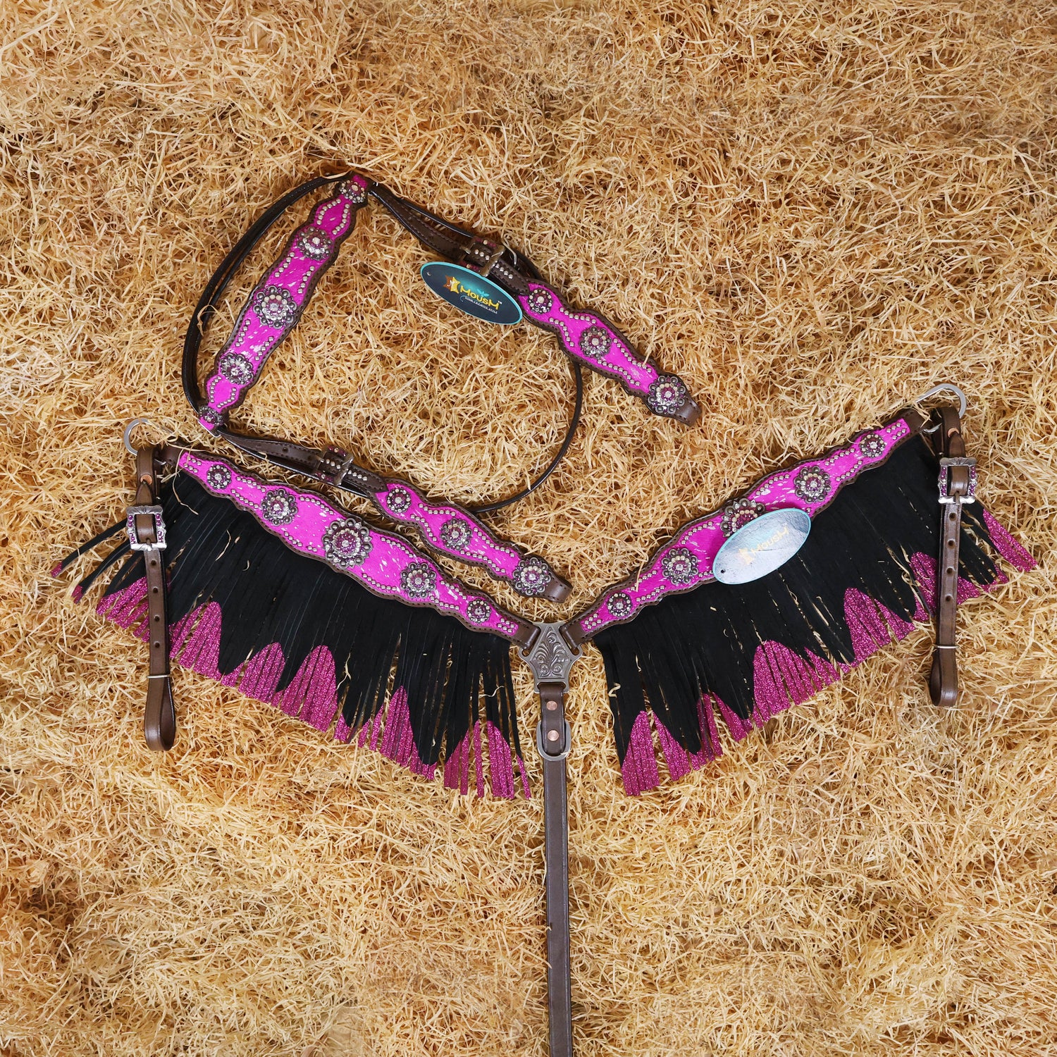 MOUSM Western Browband Headstall and Breast Collar Decorated with Pink Metallic Acid Wash Cowhide Inlay, Surrounded by Metal Beads, Flower Conchos with White-Pink Stones, and Red-Black Glittered Leather Fringe