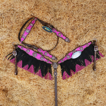 MOUSM Western Browband Headstall and Breast Collar Decorated with Pink Metallic Acid Wash Cowhide Inlay, Surrounded by Metal Beads, Flower Conchos with White-Pink Stones, and Red-Black Glittered Leather Fringe