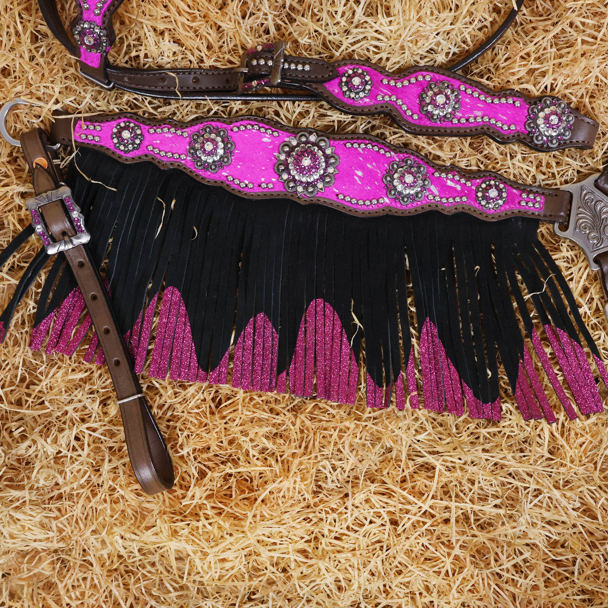 MOUSM Western Browband Headstall and Breast Collar Decorated with Pink Metallic Acid Wash Cowhide Inlay, Surrounded by Metal Beads, Flower Conchos with White-Pink Stones, and Red-Black Glittered Leather Fringe.