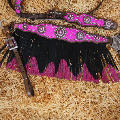 MOUSM Western Browband Headstall and Breast Collar Decorated with Pink Metallic Acid Wash Cowhide Inlay, Surrounded by Metal Beads, Flower Conchos with White-Pink Stones, and Red-Black Glittered Leather Fringe