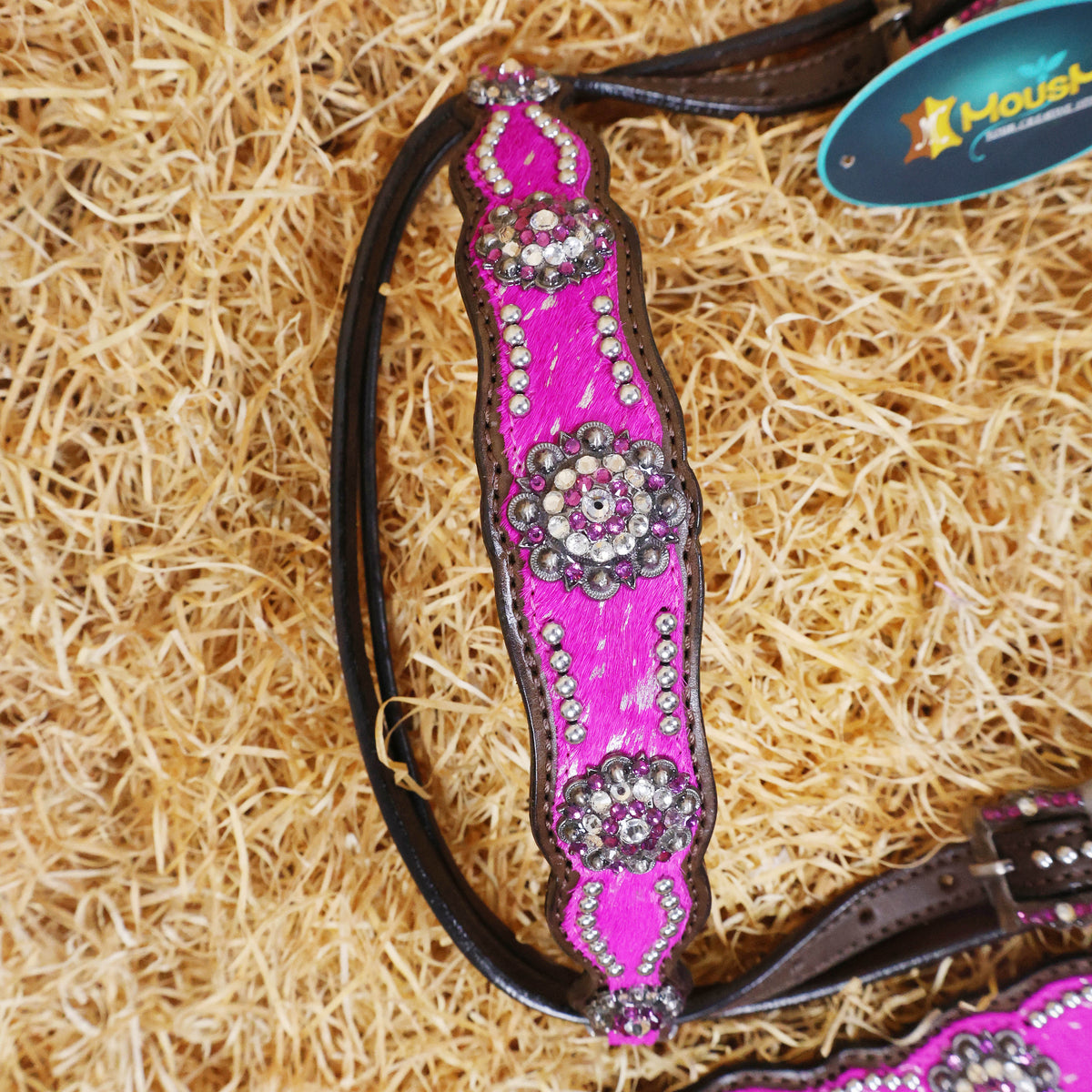 MOUSM Western Browband Headstall and Breast Collar Decorated with Pink Metallic Acid Wash Cowhide Inlay, Surrounded by Metal Beads, Flower Conchos with White-Pink Stones, and Red-Black Glittered Leather Fringe.