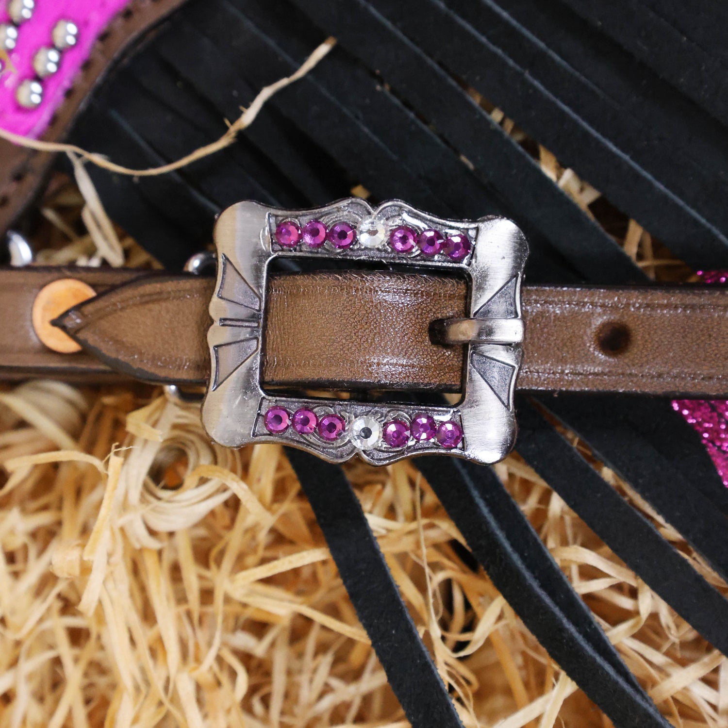 MOUSM Western Browband Headstall and Breast Collar Decorated with Pink Metallic Acid Wash Cowhide Inlay, Surrounded by Metal Beads, Flower Conchos with White-Pink Stones, and Red-Black Glittered Leather Fringe