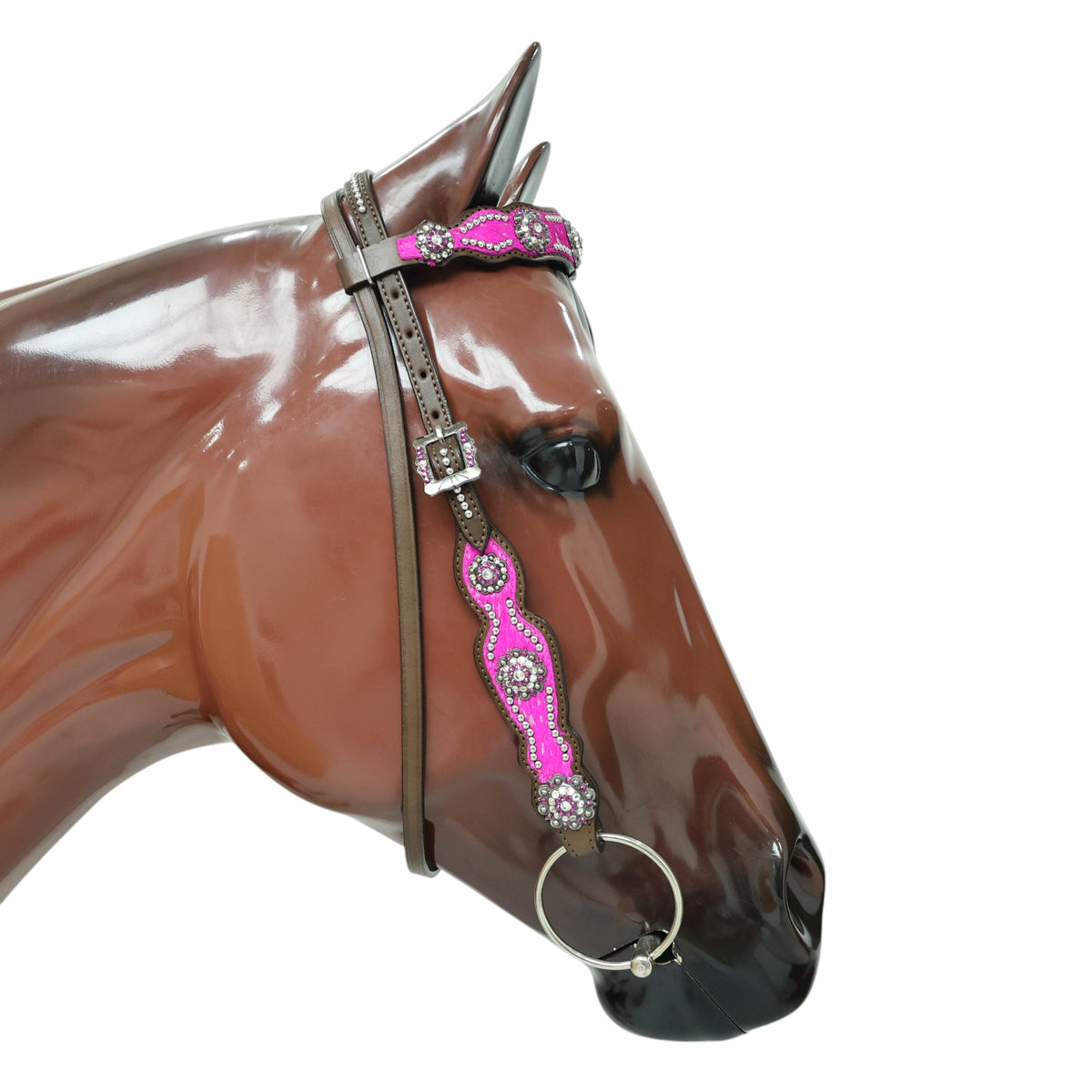 MOUSM Western Browband Headstall and Breast Collar Decorated with Pink Metallic Acid Wash Cowhide Inlay, Surrounded by Metal Beads, Flower Conchos with White-Pink Stones, and Red-Black Glittered Leather Fringe.
