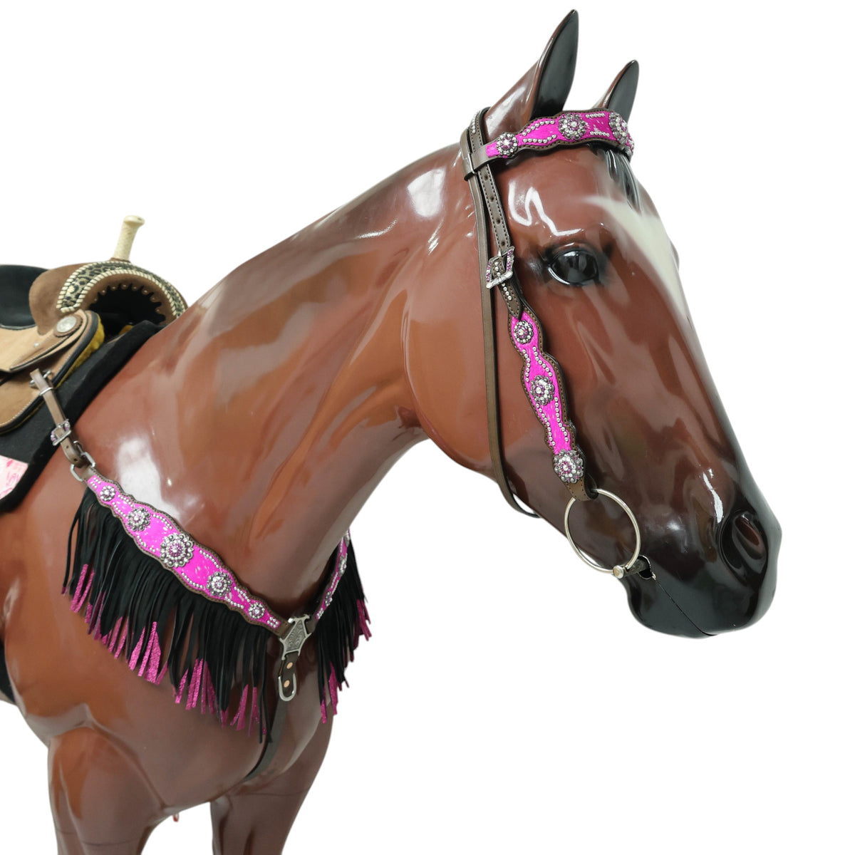 MOUSM Western Browband Headstall and Breast Collar Decorated with Pink Metallic Acid Wash Cowhide Inlay, Surrounded by Metal Beads, Flower Conchos with White-Pink Stones, and Red-Black Glittered Leather Fringe.