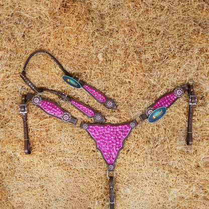 MOUSM Western Headstall and Breast Collar with Pink Gladiator Leather, Decorated with Red, White, and Orange Clear Stones, Surrounded by Matching Conchos and Buckles