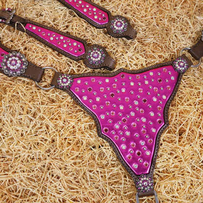 MOUSM Western Headstall and Breast Collar with Pink Gladiator Leather, Decorated with Red, White, and Orange Clear Stones, Surrounded by Matching Conchos and Buckles