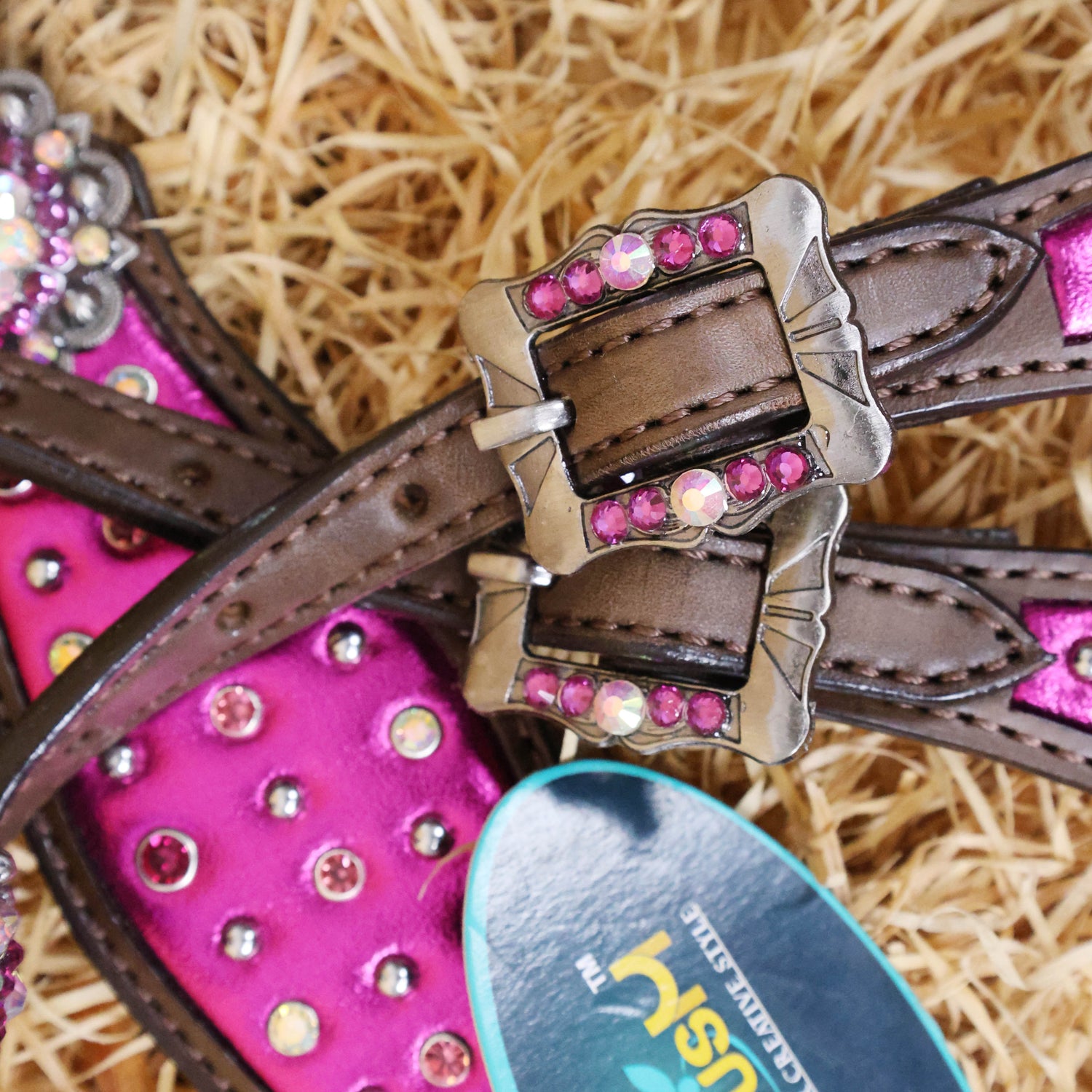 MOUSM Western Headstall and Breast Collar with Pink Gladiator Leather, Decorated with Red, White, and Orange Clear Stones, Surrounded by Matching Conchos and Buckles