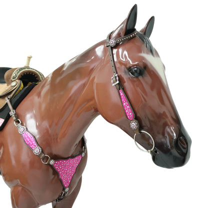 MOUSM Western Headstall and Breast Collar with Pink Gladiator Leather, Decorated with Red, White, and Orange Clear Stones, Surrounded by Matching Conchos and Buckles