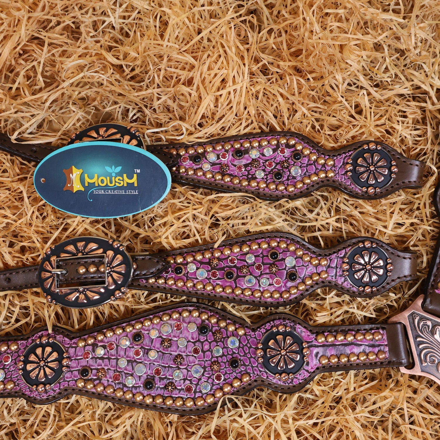 MOUSM Western Headstall and Breast Collar Set Decorated with AB Rhinestones and Surrounded by Studs on Pink Crocodile Skin-Textured Pattern Inlay.