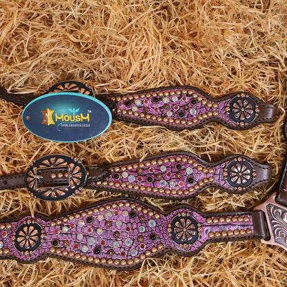 MOUSM Western Headstall and Breast Collar Set Decorated with AB Rhinestones and Surrounded by Studs on Pink Crocodile Skin-Textured Pattern Inlay.