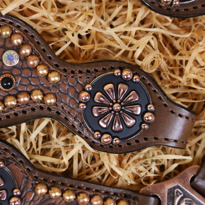 MOUSM Western Headstall and Breast Collar Set Handcrafted on Brown Alligator Skin-Textured Leather Inlay AB Rhinestones &amp; Copper Studs