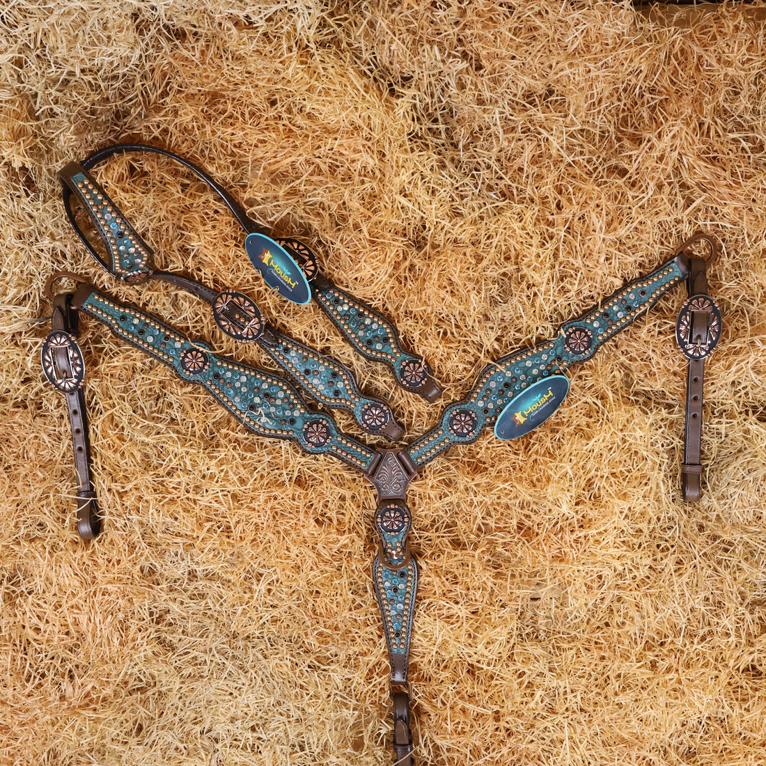 MOUSM Western Headstall and Breast Collar Set Decorated with Shining AB Rhinestones &amp; Copper Studs on Turquoise Alligator Skin Textured Leather Inlay.