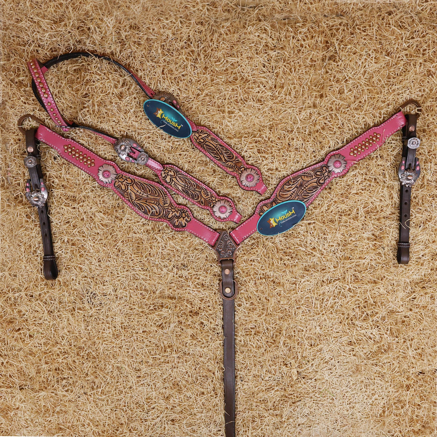 MOUSM Western Headstall and Breast Collar Set Decorated on Pink Leather Flower Leaf Tooling and Copper Metal Beads with Flower Conchos