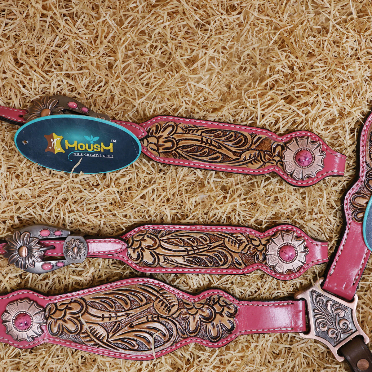 MOUSM Western Headstall and Breast Collar Set Decorated on Pink Leather Flower Leaf Tooling and Copper Metal Beads with Flower Conchos.