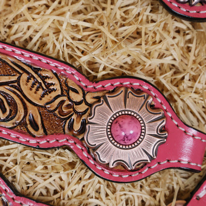 MOUSM Western Headstall and Breast Collar Set Decorated on Pink Leather Flower Leaf Tooling and Copper Metal Beads with Flower Conchos