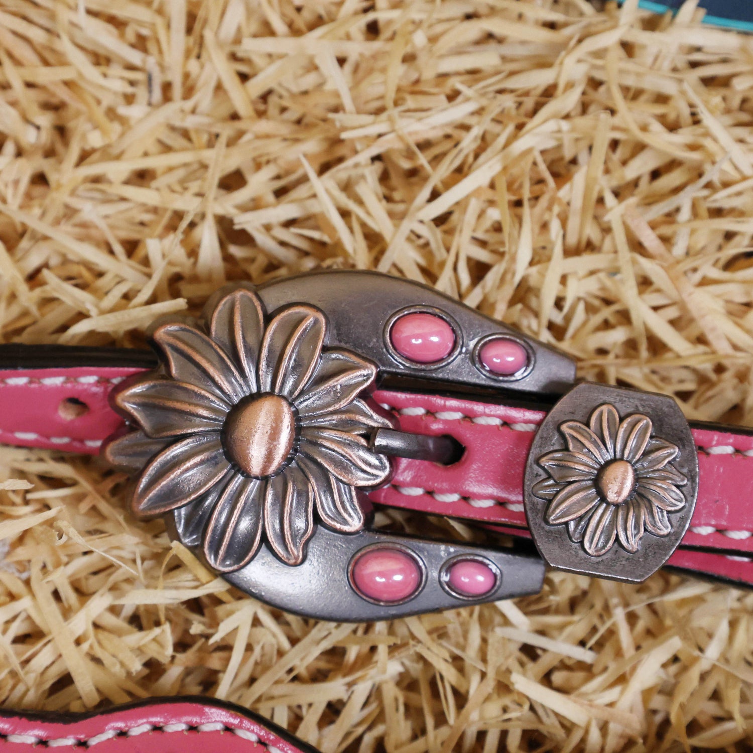 MOUSM Western Headstall and Breast Collar Set Decorated on Pink Leather Flower Leaf Tooling and Copper Metal Beads with Flower Conchos
