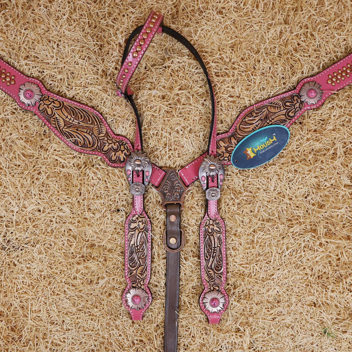 MOUSM Western Headstall and Breast Collar Set Decorated on Pink Leather Flower Leaf Tooling and Copper Metal Beads with Flower Conchos.