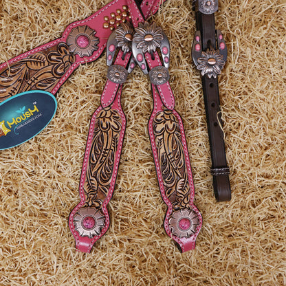 MOUSM Western Headstall and Breast Collar Set Decorated on Pink Leather Flower Leaf Tooling and Copper Metal Beads with Flower Conchos