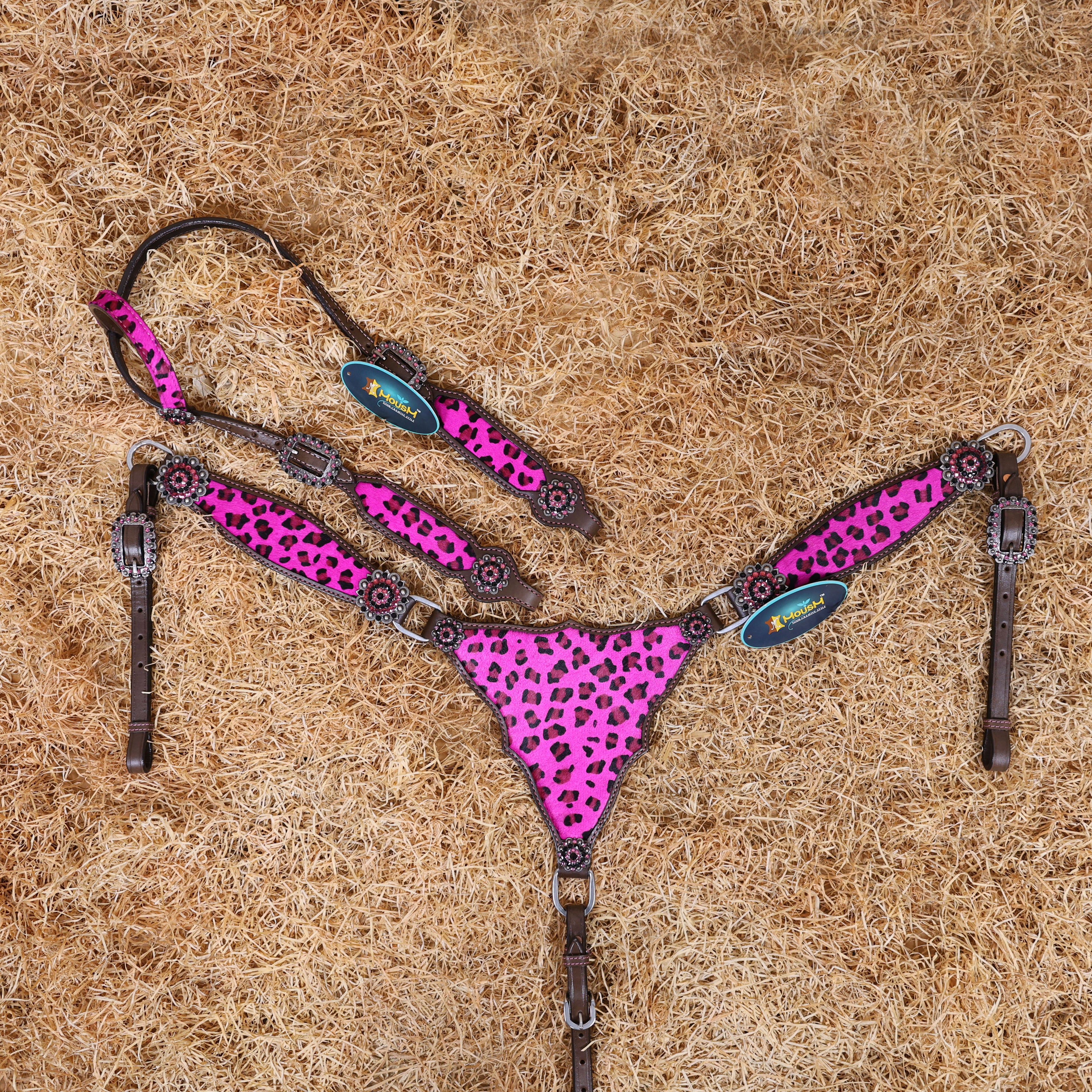 MOUSM Western Leather Headstall and Breast Collar Set – Argentina Cow Leather Horse Tack Set Decorated with Gladiator Look with Leopard Print on Pink Hair on Cow Hide Background, Shining Pink-Black Conchos.