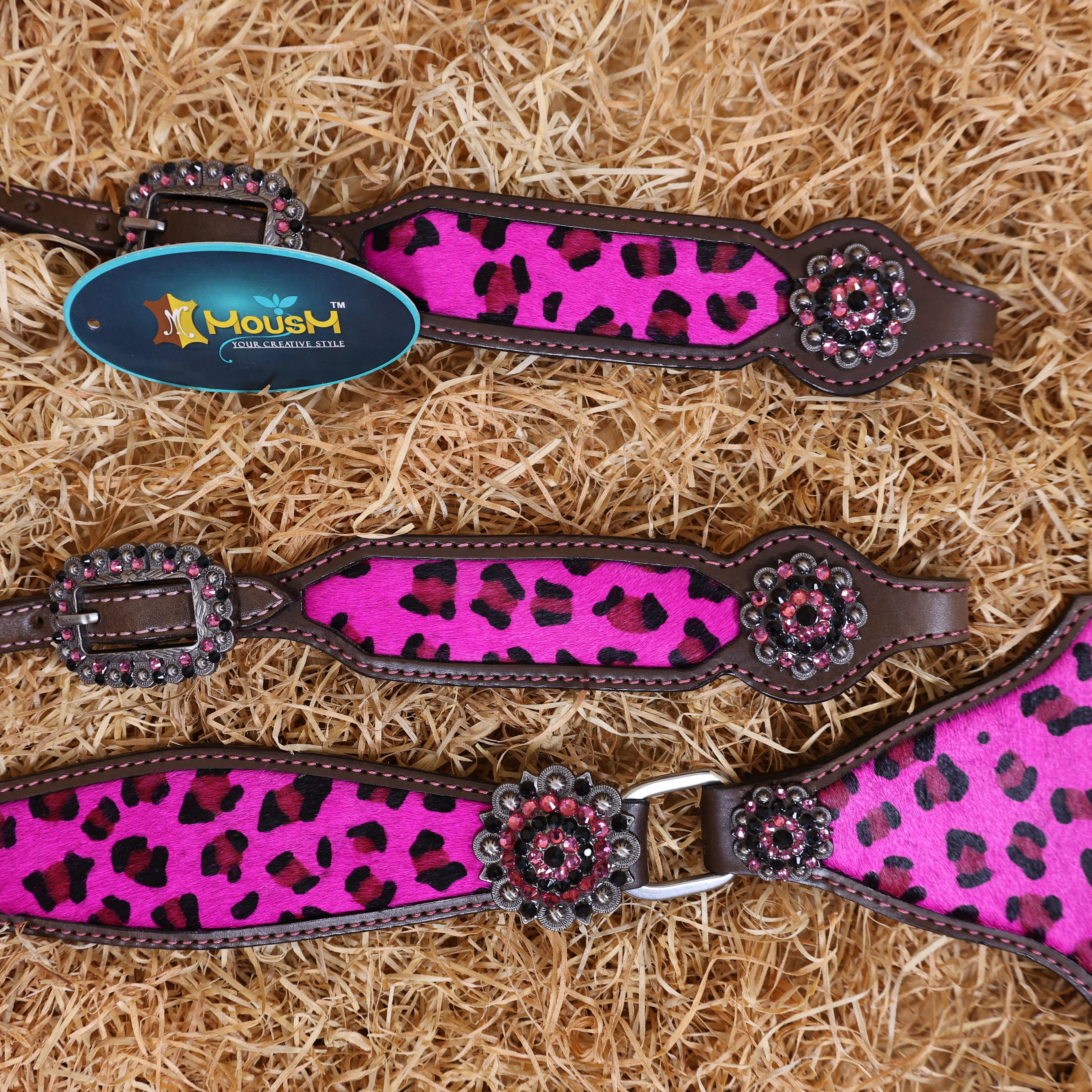 MOUSM Western Leather Headstall and Breast Collar Set – Argentina Cow Leather Horse Tack Set Decorated with Gladiator Look with Leopard Print on Pink Hair on Cow Hide Background, Shining Pink-Black Conchos.