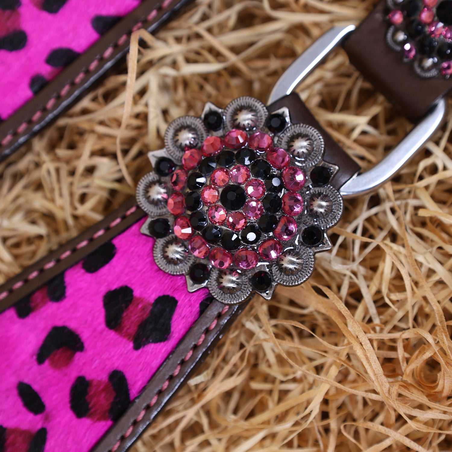 MOUSM Western Leather Headstall and Breast Collar Set – Argentina Cow Leather Horse Tack Set Decorated with Gladiator Look with Leopard Print on Pink Hair on Cow Hide Background, Shining Pink-Black Conchos.