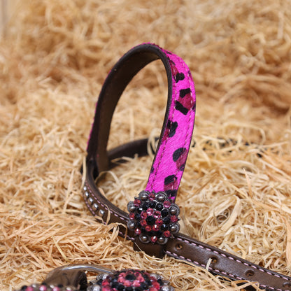 MOUSM Western Leather Headstall and Breast Collar Set – Argentina Cow Leather Horse Tack Set Decorated with Gladiator Look with Leopard Print on Pink Hair on Cow Hide Background, Shining Pink-Black Conchos.