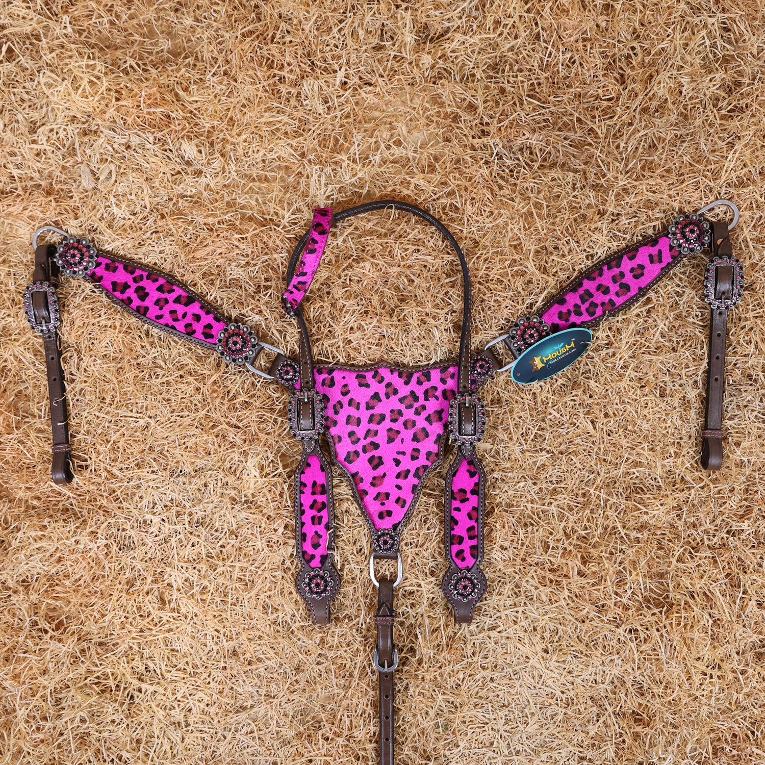 MOUSM Western Leather Headstall and Breast Collar Set – Argentina Cow Leather Horse Tack Set Decorated with Gladiator Look with Leopard Print on Pink Hair on Cow Hide Background, Shining Pink-Black Conchos.