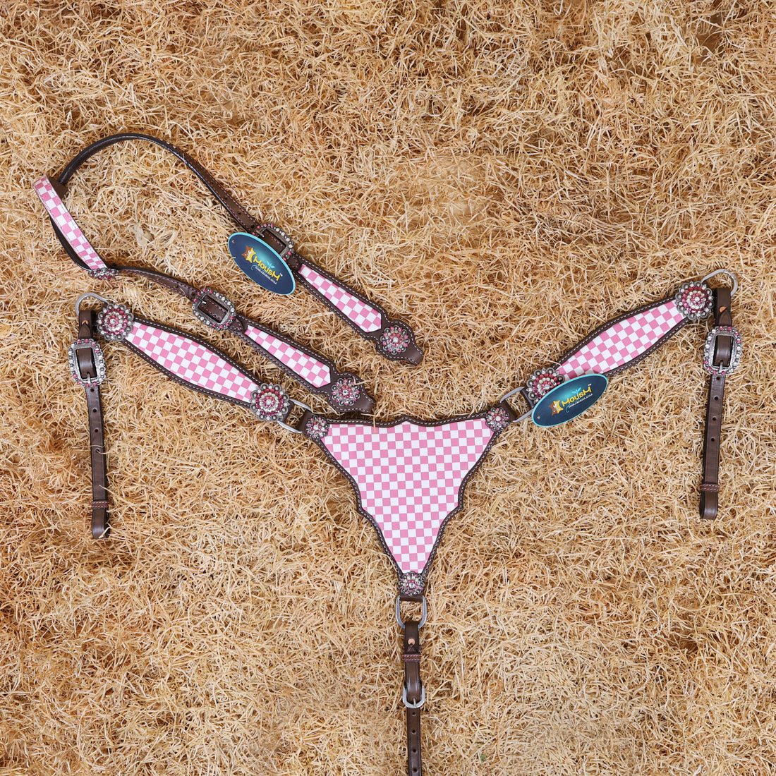 MOUSM Western Leather Headstall and Breast Collar Set – Argentina Cow Leather Horse Tack Set Decorated with Pink Checkered Vector Flags Illustration Design on White Background and Shining Rhinestones Conchos