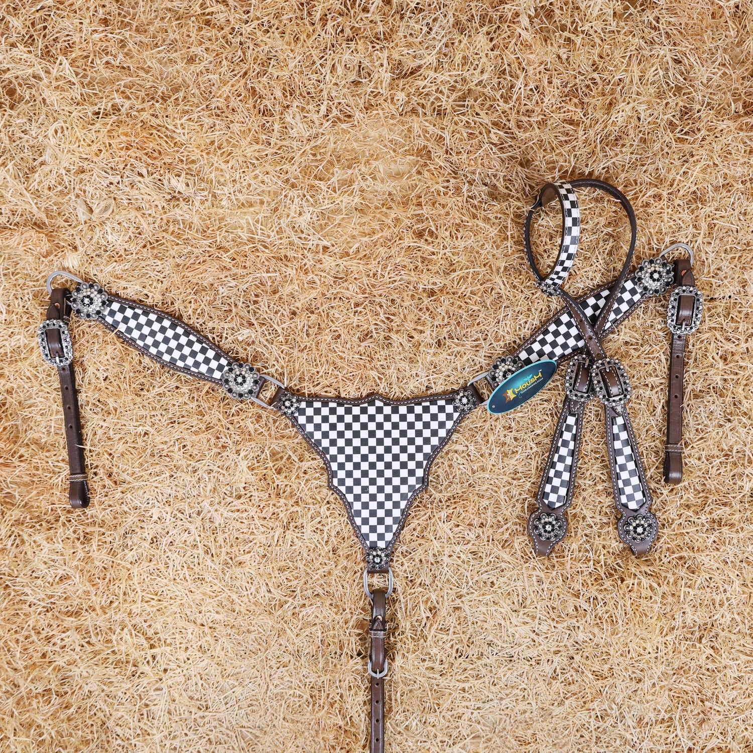 MOUSM Western Leather Headstall and Breast Collar Set – Argentina Cow Leather Horse Tack Set Decorated with Black Checkered Vector Flags Illustration Design on White Background and Shining Rhinestones Conchos