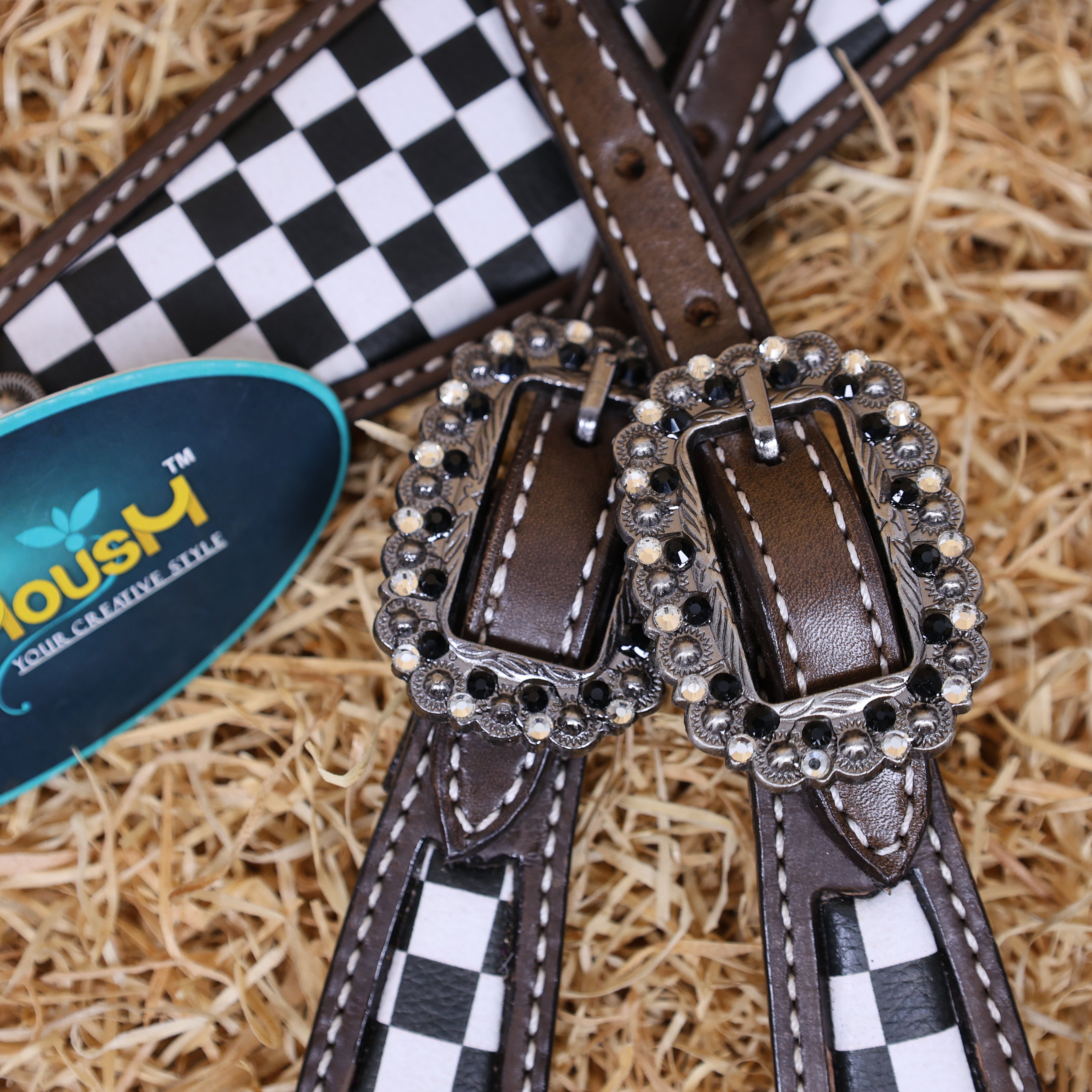MOUSM Western Leather Headstall and Breast Collar Set – Argentina Cow Leather Horse Tack Set Decorated with Black Checkered Vector Flags Illustration Design on White Background and Shining Rhinestones Conchos