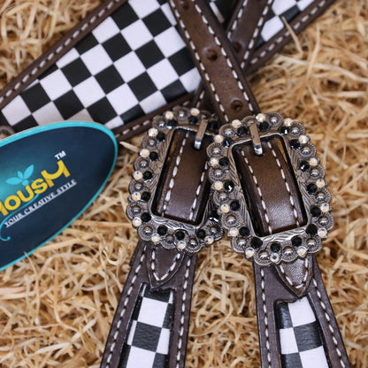 MOUSM Western Leather Headstall and Breast Collar Set – Argentina Cow Leather Horse Tack Set Decorated with Black Checkered Vector Flags Illustration Design on White Background and Shining Rhinestones Conchos