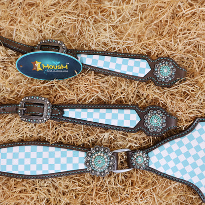 MOUSM Western Leather Headstall and Breast Collar Set – Argentina Cow Leather Horse Tack Set Decorated with Sky Blue Checkered Vector Flags Illustration Design on White Background and Shining Rhinestones Conchos