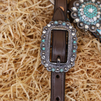 MOUSM Western Leather Headstall and Breast Collar Set – Argentina Cow Leather Horse Tack Set Decorated with Sky Blue Checkered Vector Flags Illustration Design on White Background and Shining Rhinestones Conchos