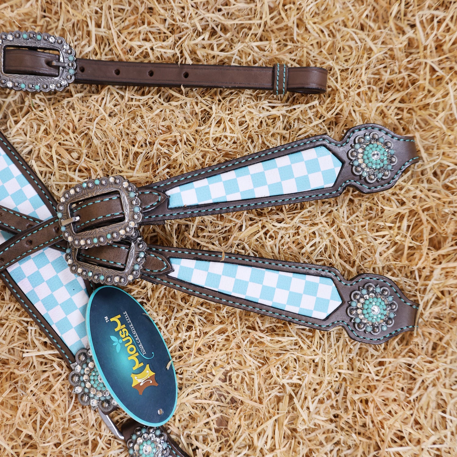 MOUSM Western Leather Headstall and Breast Collar Set – Argentina Cow Leather Horse Tack Set Decorated with Sky Blue Checkered Vector Flags Illustration Design on White Background and Shining Rhinestones Conchos