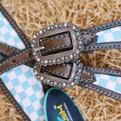 MOUSM Western Leather Headstall and Breast Collar Set – Argentina Cow Leather Horse Tack Set Decorated with Sky Blue Checkered Vector Flags Illustration Design on White Background and Shining Rhinestones Conchos