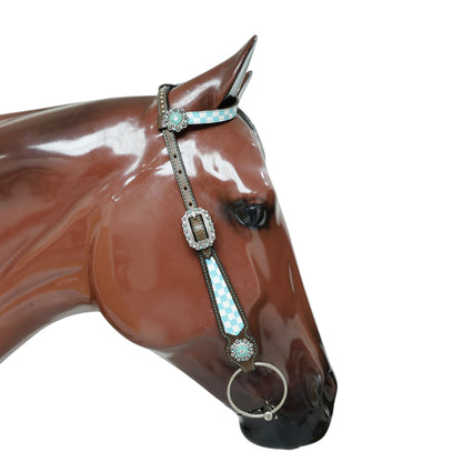 MOUSM Western Leather Headstall and Breast Collar Set – Argentina Cow Leather Horse Tack Set Decorated with Sky Blue Checkered Vector Flags Illustration Design on White Background and Shining Rhinestones Conchos